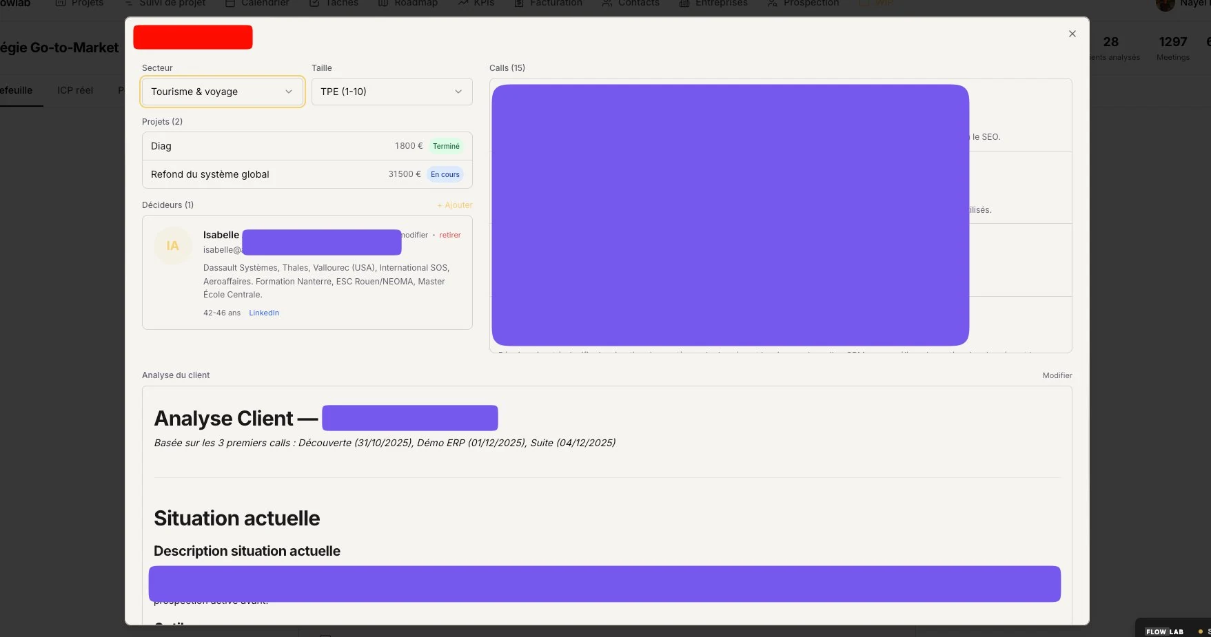 Fiche client détaillée Flowlab avec analyse IA